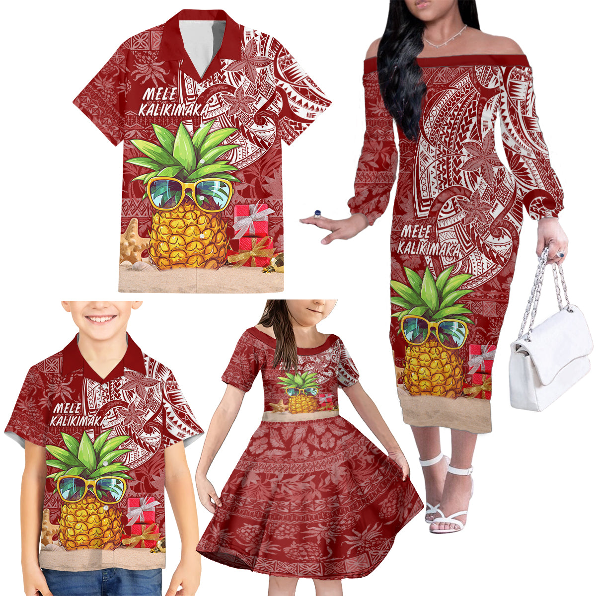 Mele Kalikimaka Hawaii Christmas Family Matching Off Shoulder Long Sleeve Dress and Hawaiian Shirt Pineapple Party - Wonder Print Shop