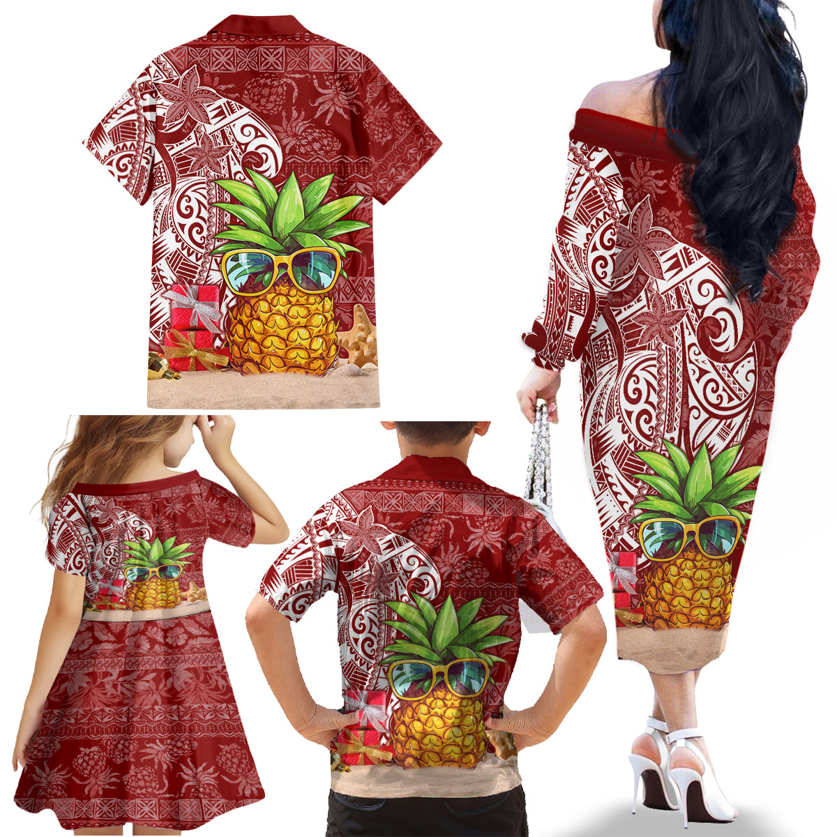 Mele Kalikimaka Hawaii Christmas Family Matching Off Shoulder Long Sleeve Dress and Hawaiian Shirt Pineapple Party - Wonder Print Shop