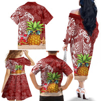 Mele Kalikimaka Hawaii Christmas Family Matching Off Shoulder Long Sleeve Dress and Hawaiian Shirt Pineapple Party - Wonder Print Shop