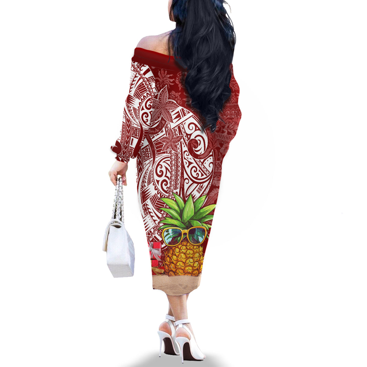 Mele Kalikimaka Hawaii Christmas Family Matching Off Shoulder Long Sleeve Dress and Hawaiian Shirt Pineapple Party - Wonder Print Shop
