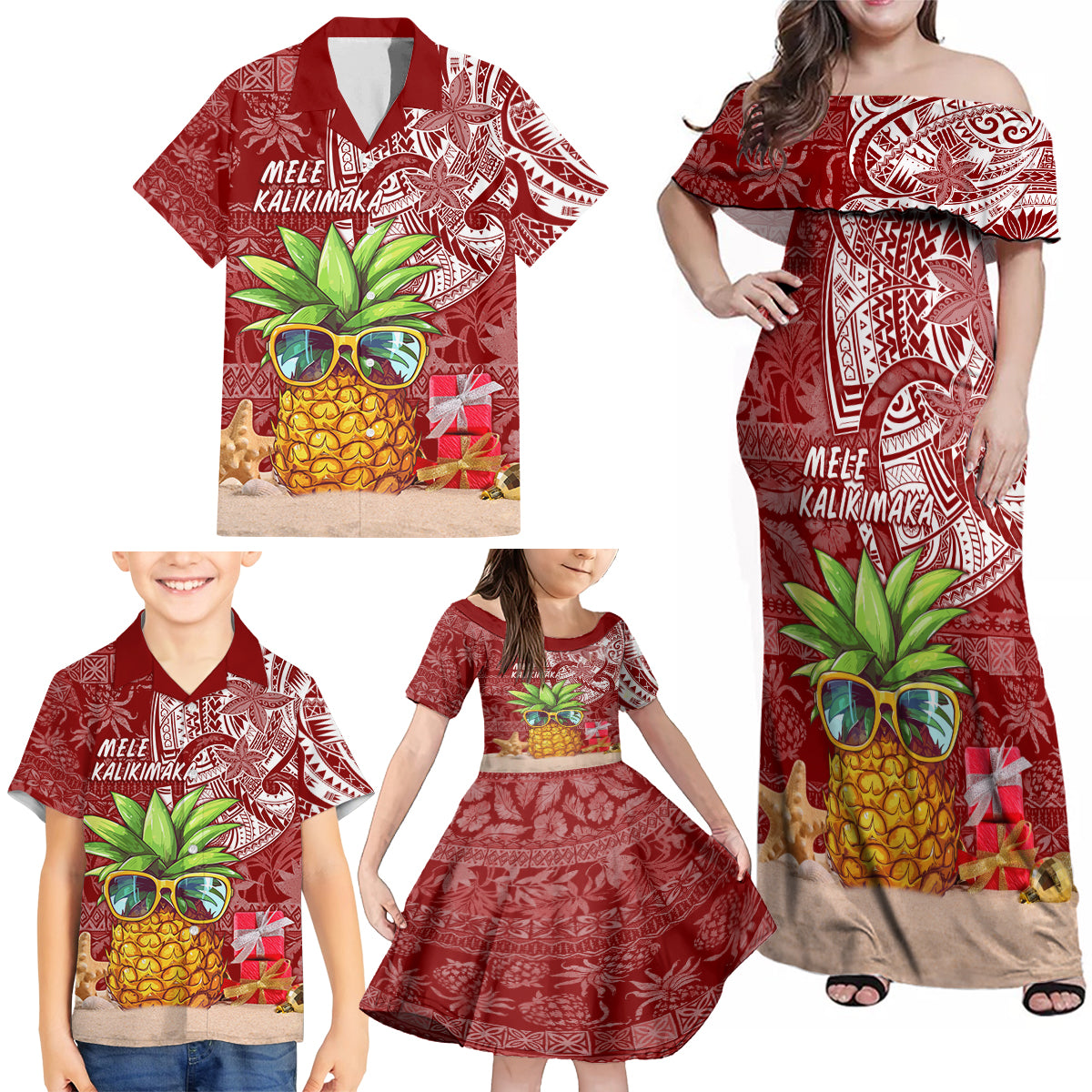Mele Kalikimaka Hawaii Christmas Family Matching Off Shoulder Maxi Dress and Hawaiian Shirt Pineapple Party LT7 - Wonder Print Shop