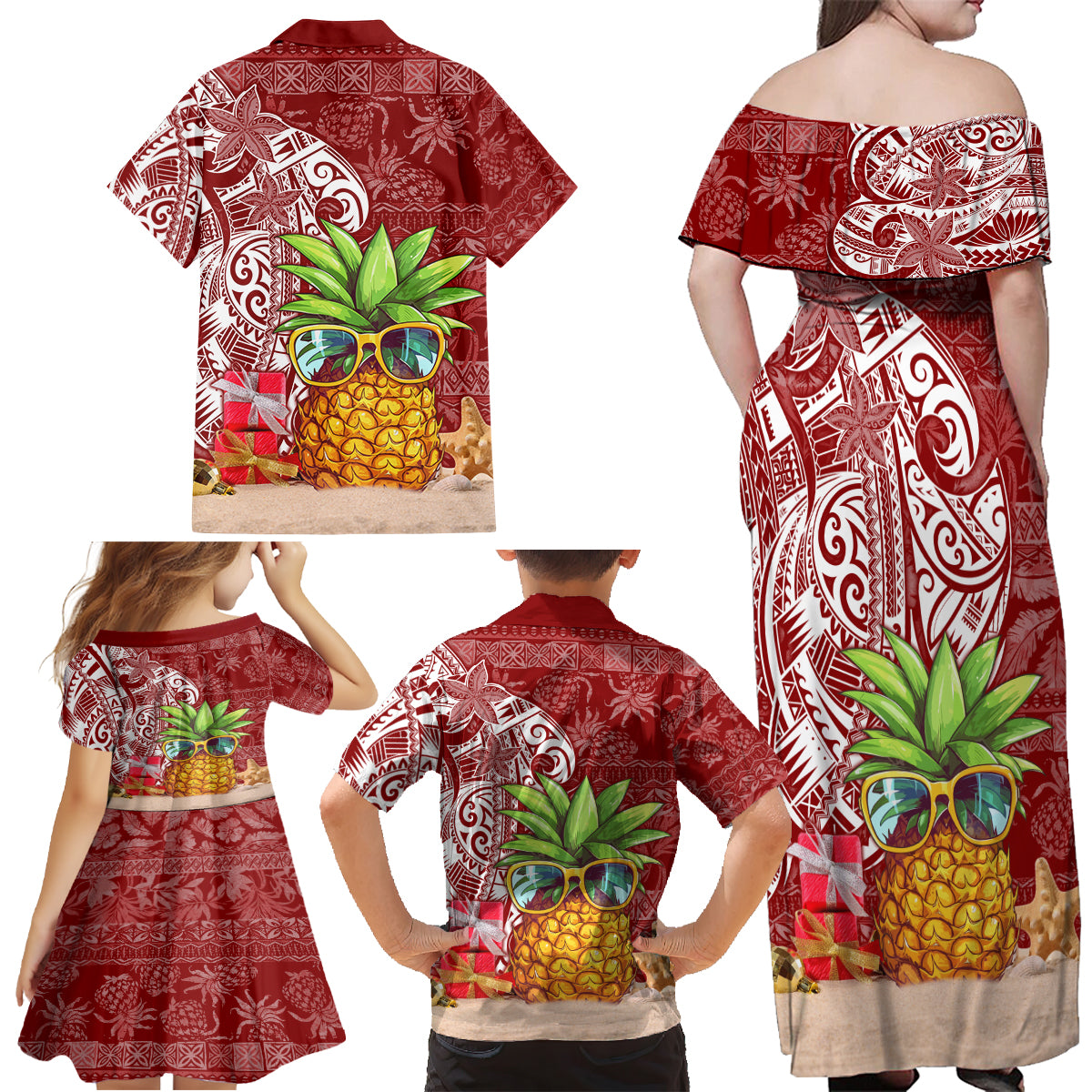 Mele Kalikimaka Hawaii Christmas Family Matching Off Shoulder Maxi Dress and Hawaiian Shirt Pineapple Party LT7 - Wonder Print Shop