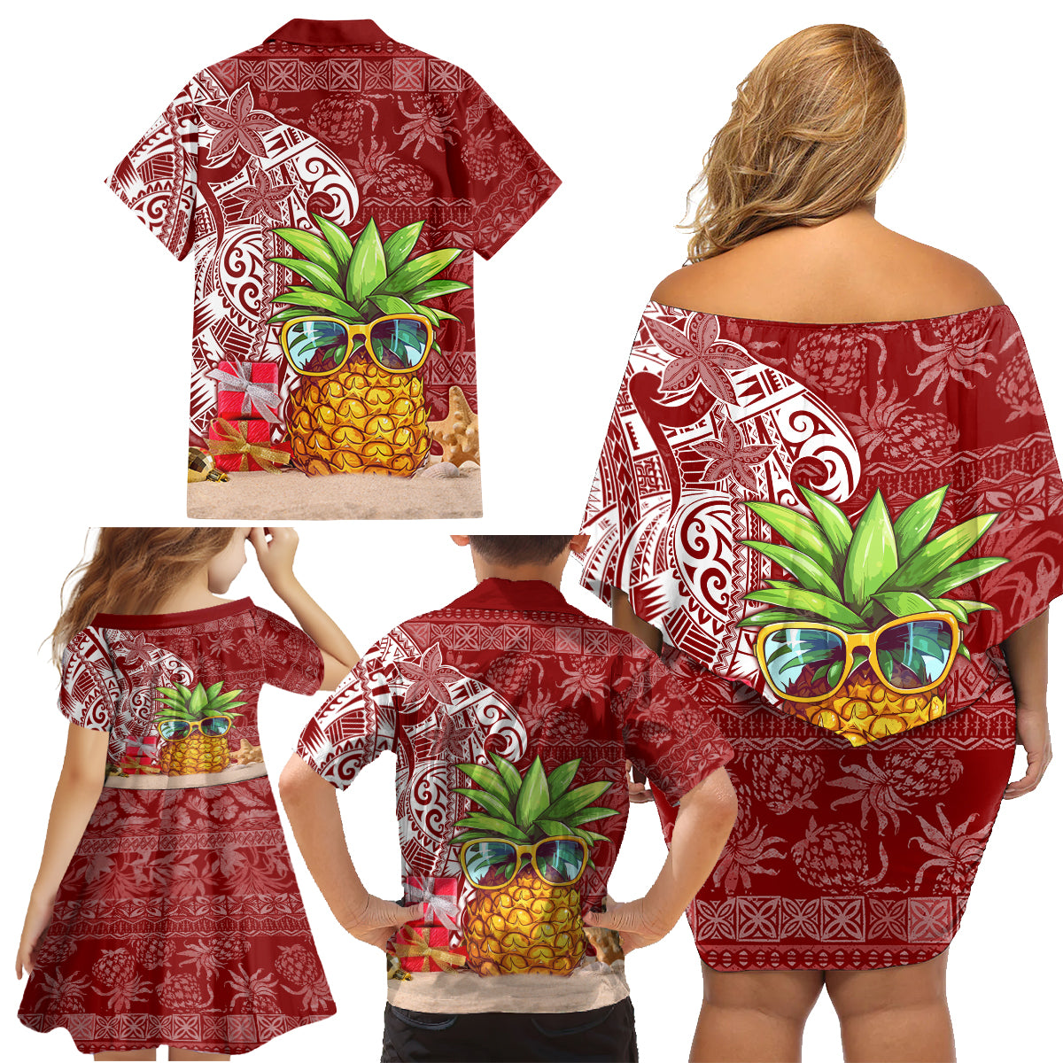 Mele Kalikimaka Hawaii Christmas Family Matching Off Shoulder Short Dress and Hawaiian Shirt Pineapple Party LT7 - Wonder Print Shop