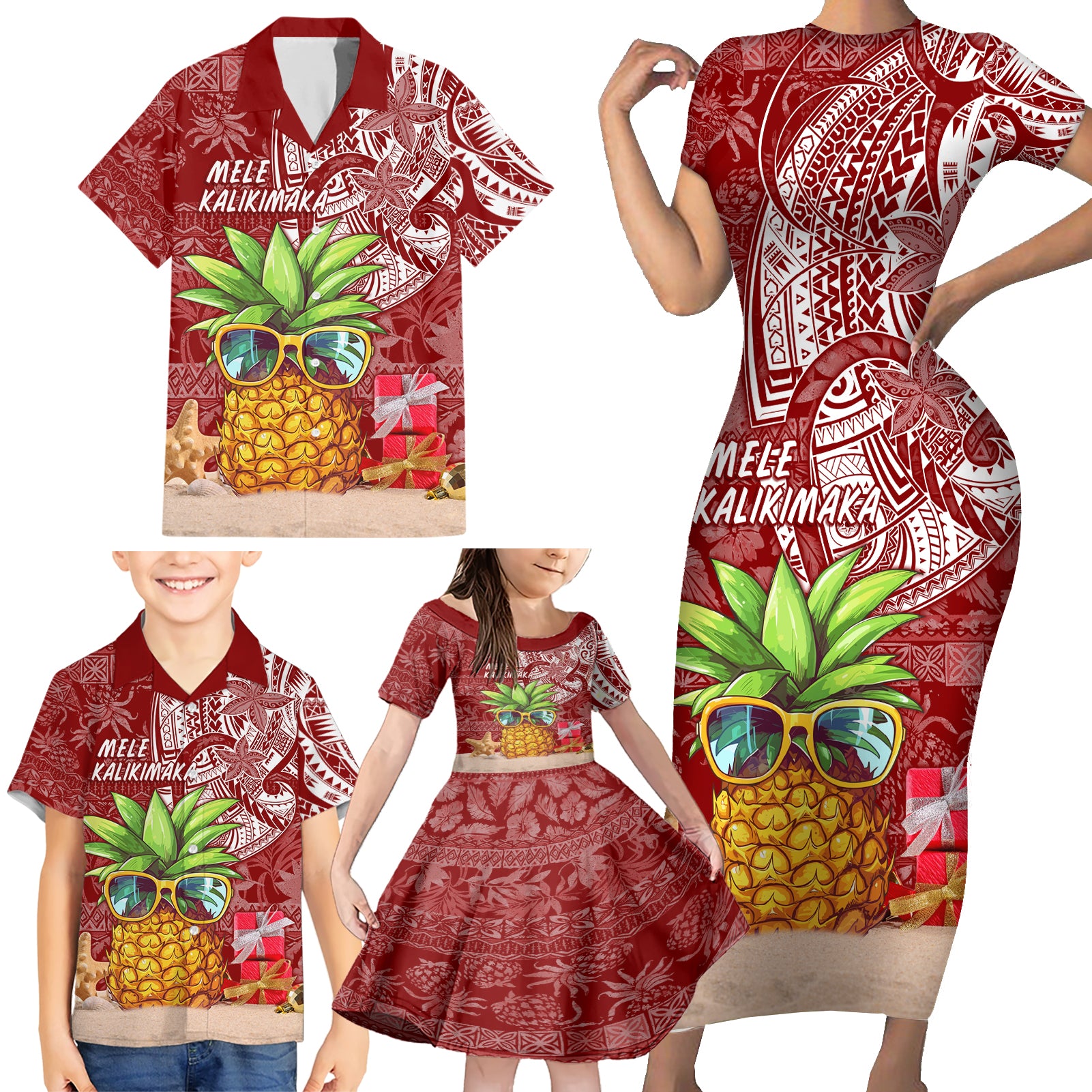 Mele Kalikimaka Hawaii Christmas Family Matching Short Sleeve Bodycon Dress and Hawaiian Shirt Pineapple Party - Wonder Print Shop