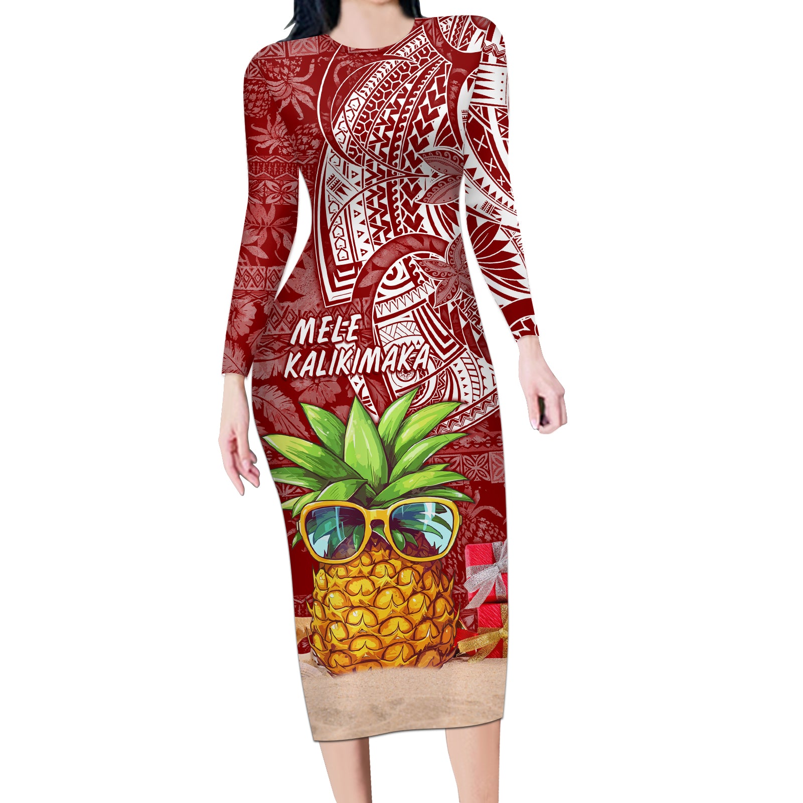 Mele Kalikimaka Hawaii Christmas Long Sleeve Bodycon Dress Pineapple Party - Wonder Print Shop