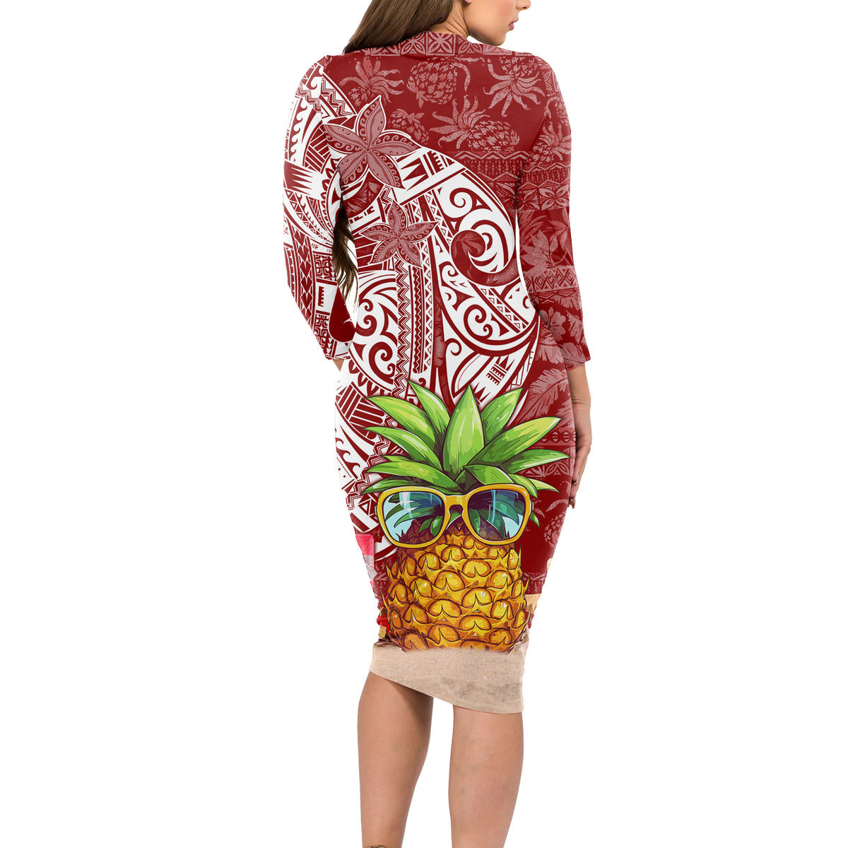Mele Kalikimaka Hawaii Christmas Long Sleeve Bodycon Dress Pineapple Party - Wonder Print Shop