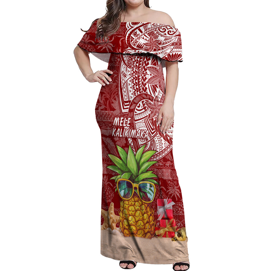 Mele Kalikimaka Hawaii Christmas Off Shoulder Maxi Dress Pineapple Party - Wonder Print Shop