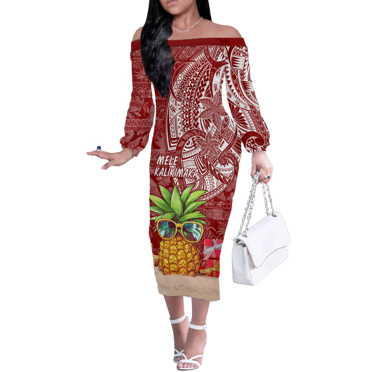 Mele Kalikimaka Hawaii Christmas Off The Shoulder Long Sleeve Dress Pineapple Party - Wonder Print Shop