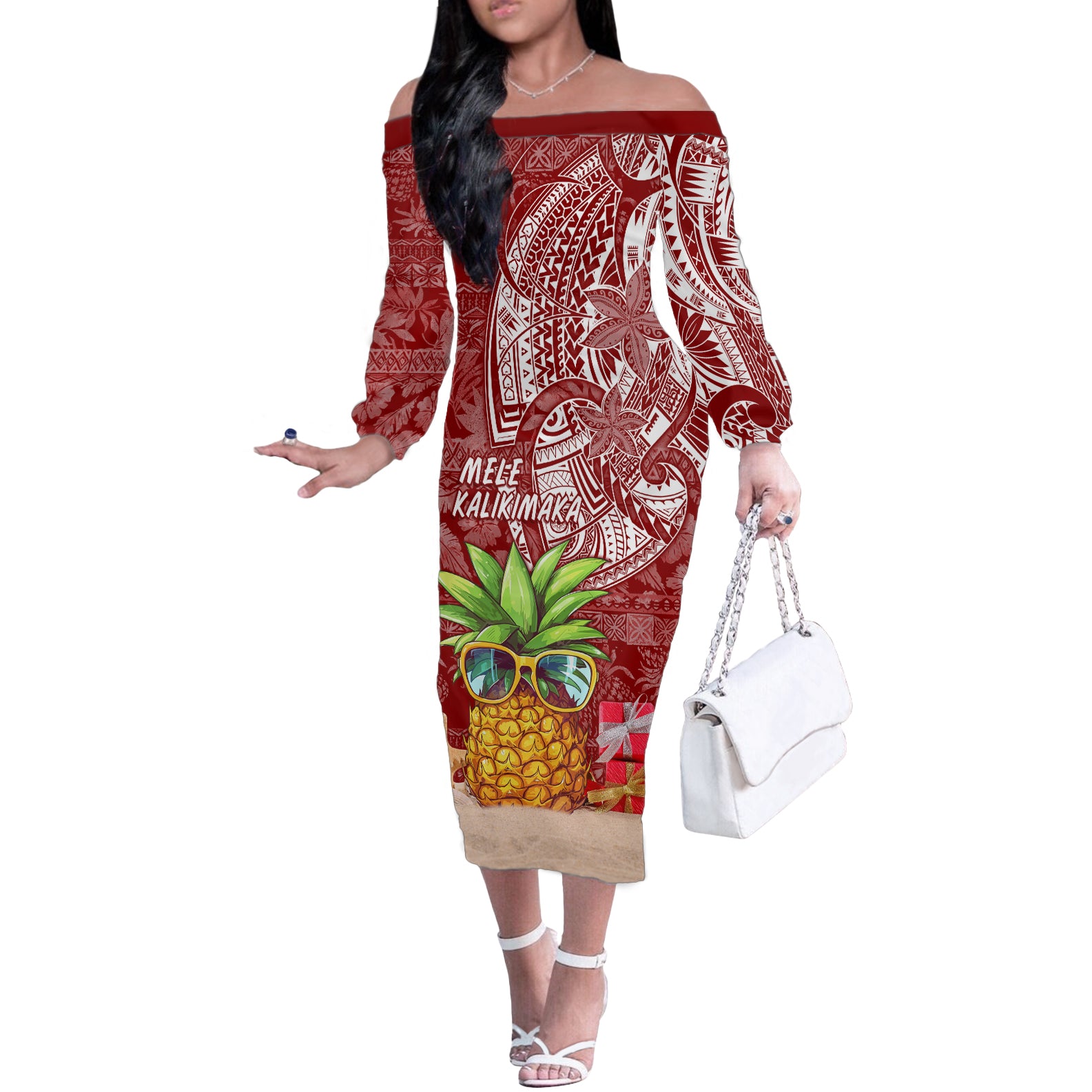 Mele Kalikimaka Hawaii Christmas Off The Shoulder Long Sleeve Dress Pineapple Party - Wonder Print Shop
