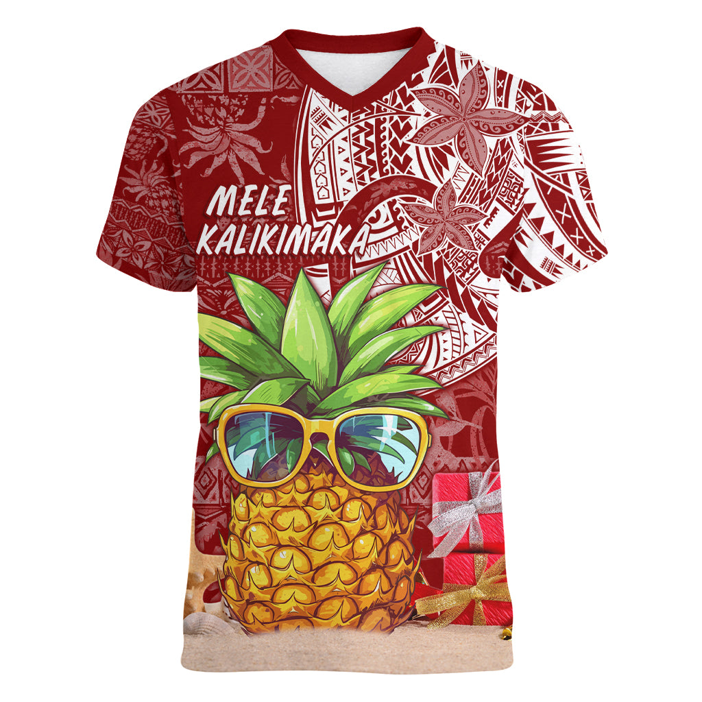 Mele Kalikimaka Hawaii Christmas Women V Neck T Shirt Pineapple Party - Wonder Print Shop