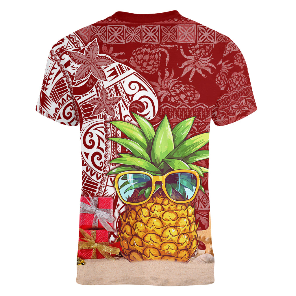 Mele Kalikimaka Hawaii Christmas Women V Neck T Shirt Pineapple Party - Wonder Print Shop