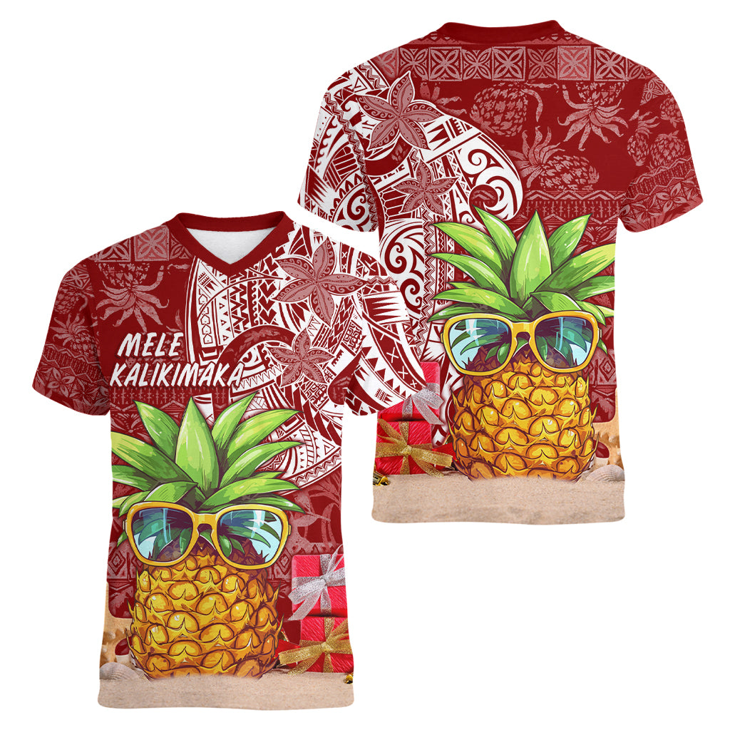 Mele Kalikimaka Hawaii Christmas Women V Neck T Shirt Pineapple Party - Wonder Print Shop