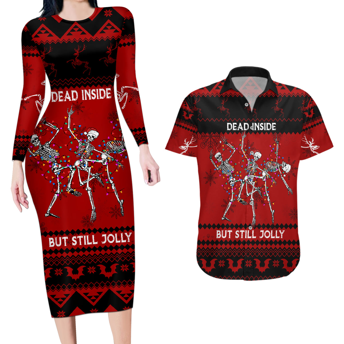 Christmas Couples Matching Long Sleeve Bodycon Dress and Hawaiian Shirt Jolly Skull Merry Creepmas LT7 - Wonder Print Shop