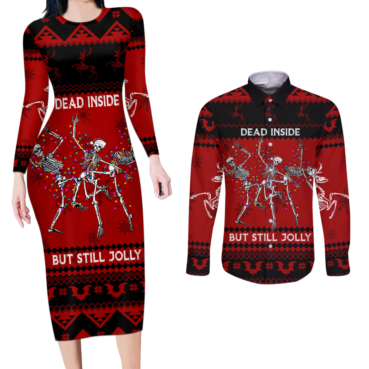 Christmas Couples Matching Long Sleeve Bodycon Dress and Long Sleeve Button Shirt Jolly Skull Merry Creepmas LT7 - Wonder Print Shop