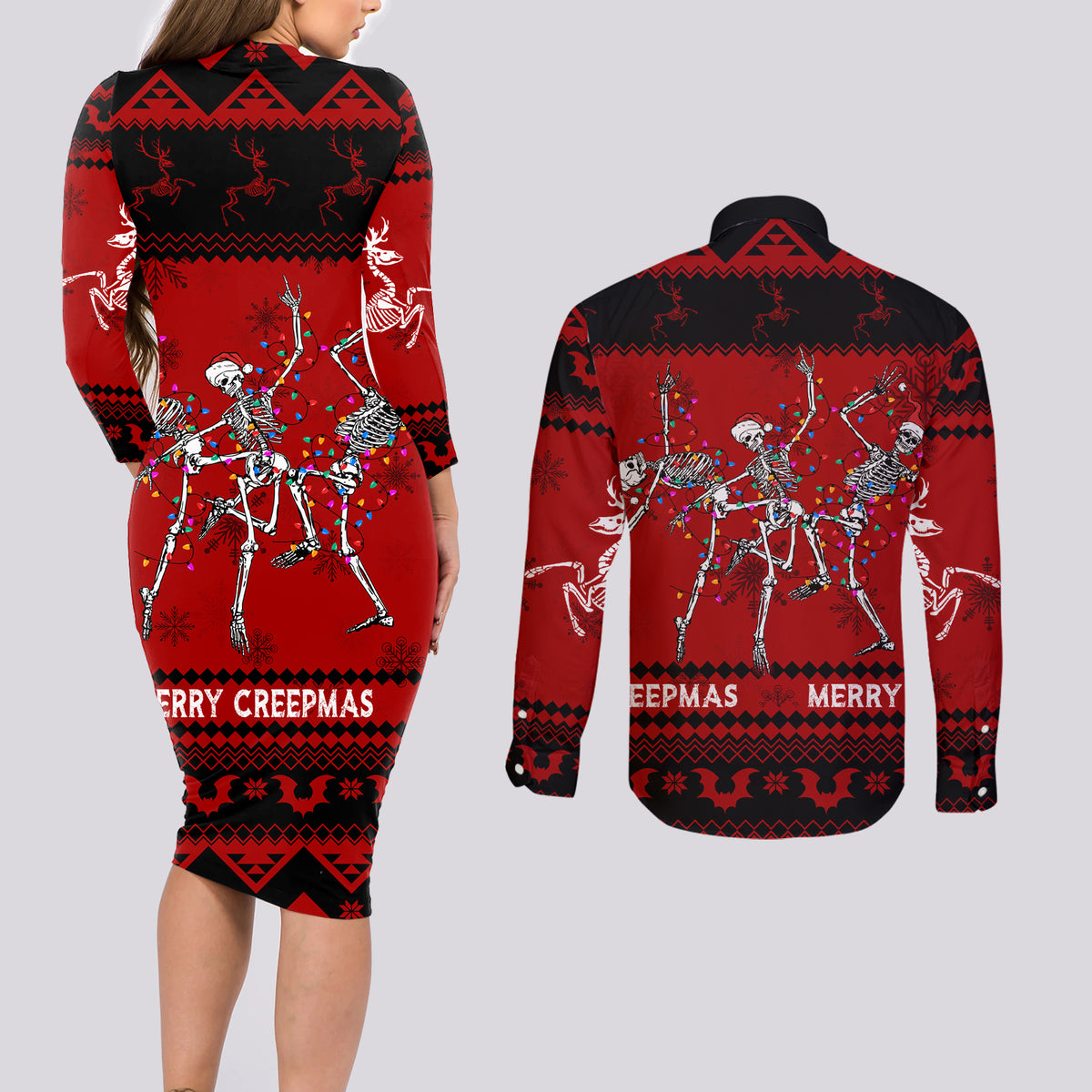 Christmas Couples Matching Long Sleeve Bodycon Dress and Long Sleeve Button Shirt Jolly Skull Merry Creepmas LT7 - Wonder Print Shop