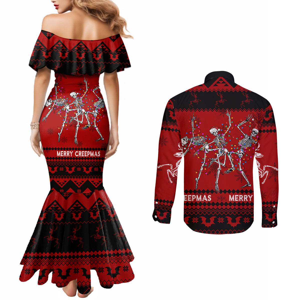christmas-couples-matching-mermaid-dress-and-long-sleeve-button-shirt-jolly-skull-merry-creepmas
