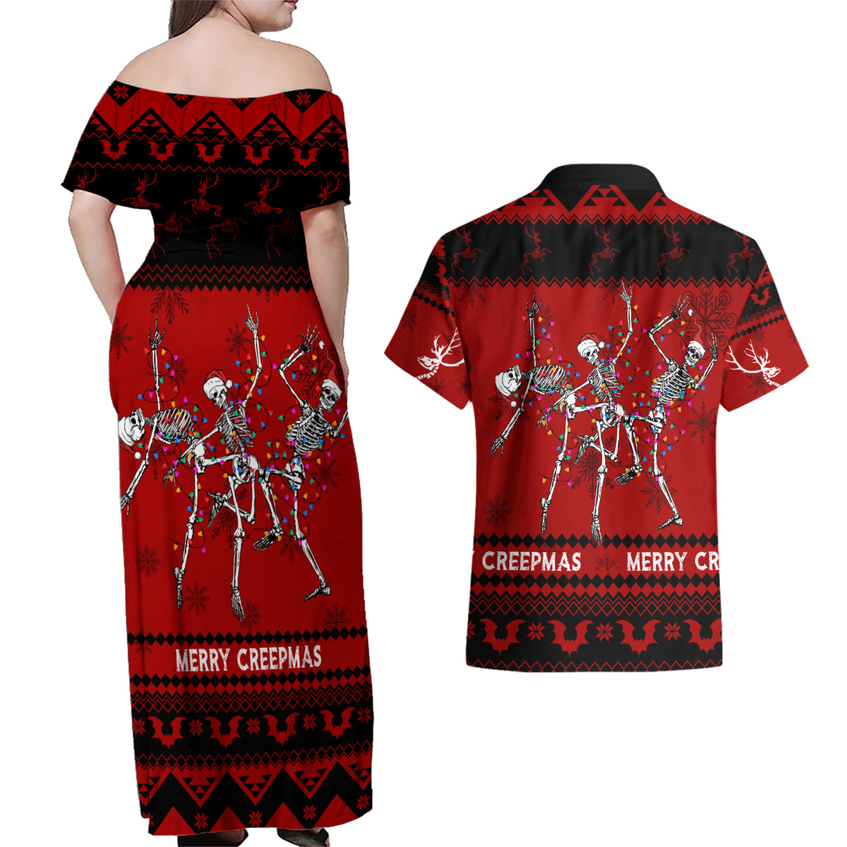 Christmas Couples Matching Off Shoulder Maxi Dress and Hawaiian Shirt Jolly Skull Merry Creepmas LT7 - Wonder Print Shop