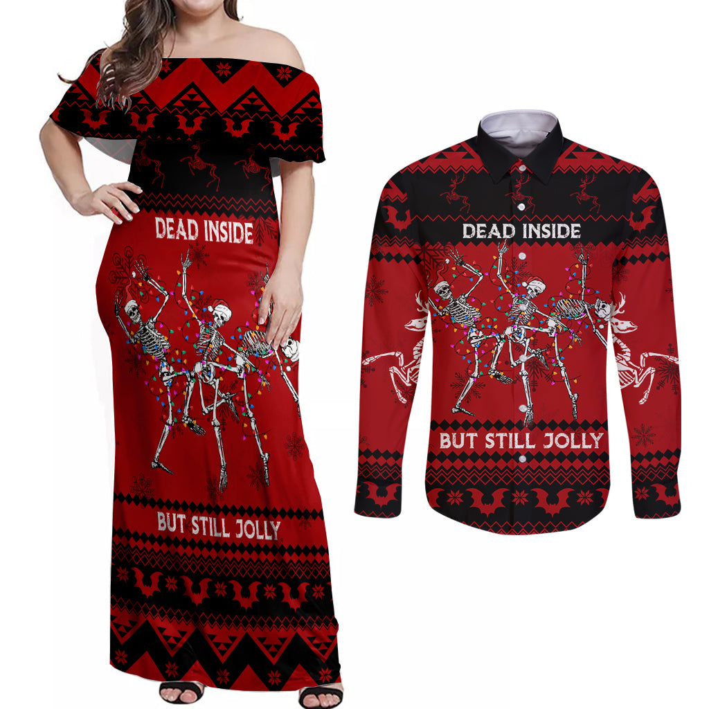 Christmas Couples Matching Off Shoulder Maxi Dress and Long Sleeve Button Shirt Jolly Skull Merry Creepmas LT7 - Wonder Print Shop