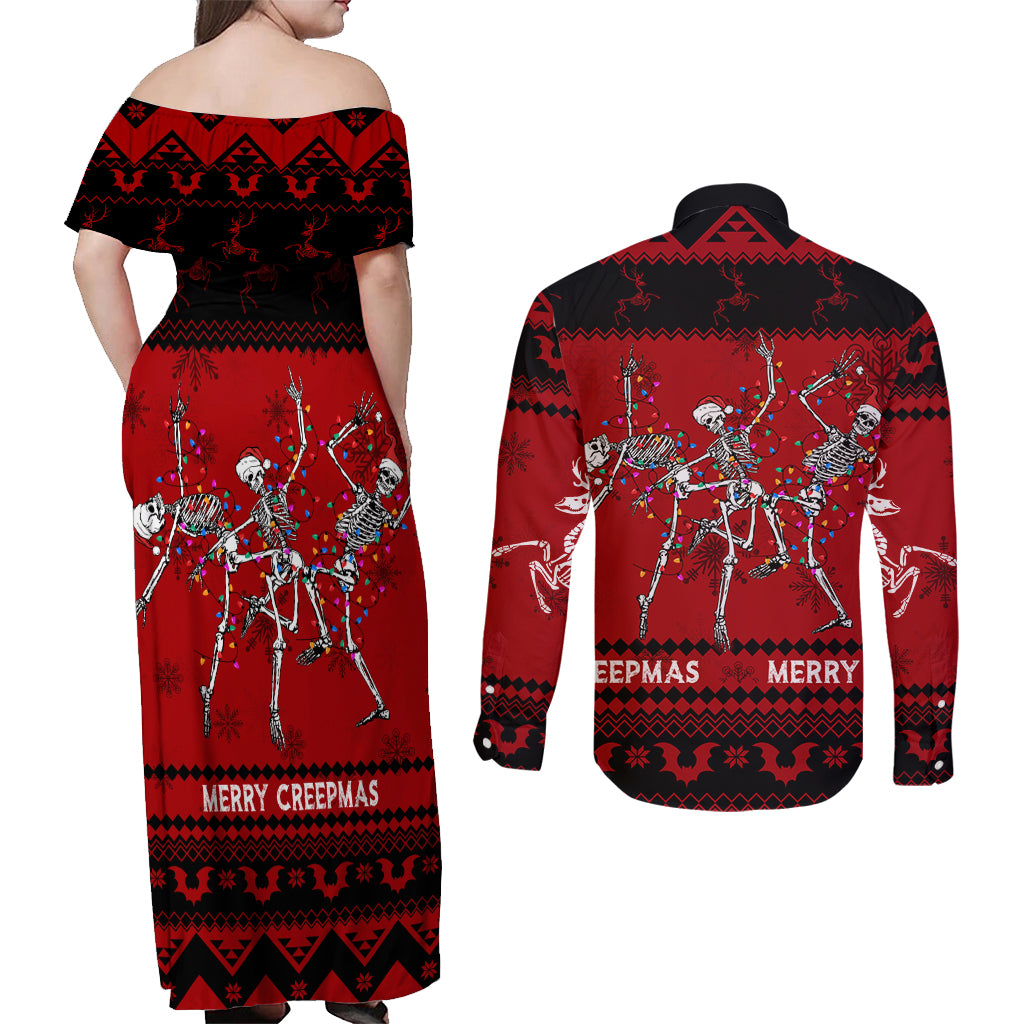 Christmas Couples Matching Off Shoulder Maxi Dress and Long Sleeve Button Shirt Jolly Skull Merry Creepmas LT7 - Wonder Print Shop