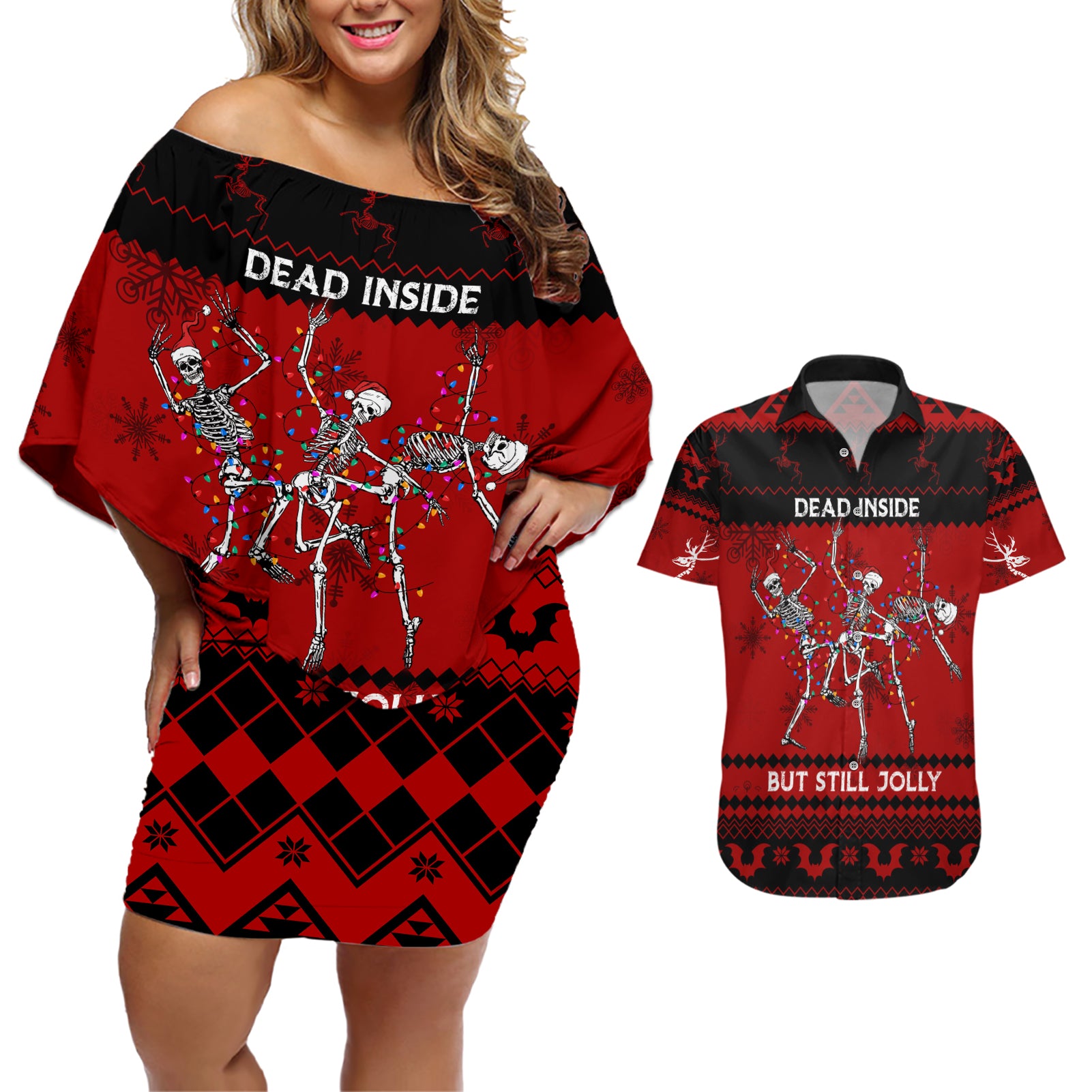 Christmas Couples Matching Off Shoulder Short Dress and Hawaiian Shirt Jolly Skull Merry Creepmas LT7 - Wonder Print Shop