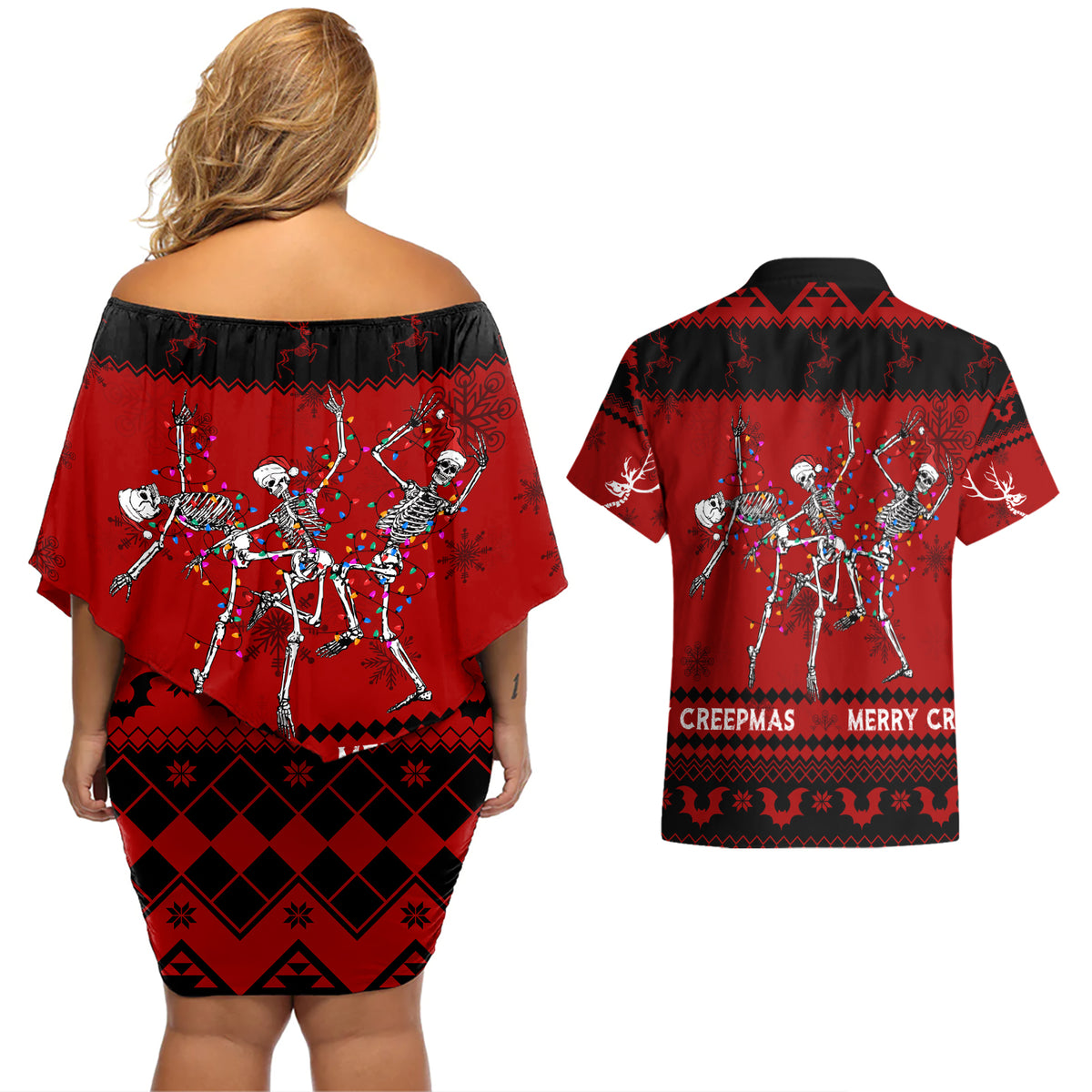 Christmas Couples Matching Off Shoulder Short Dress and Hawaiian Shirt Jolly Skull Merry Creepmas LT7 - Wonder Print Shop