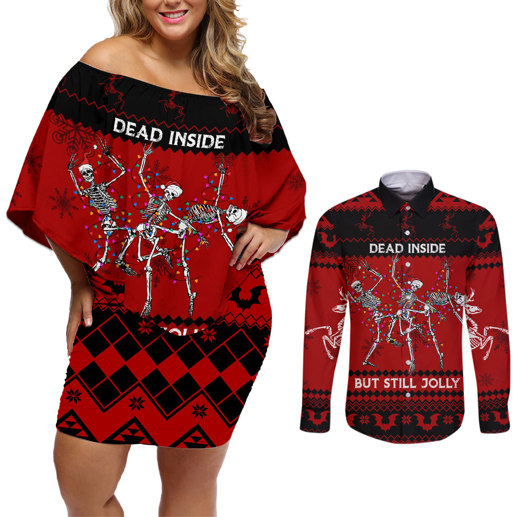 Christmas Couples Matching Off Shoulder Short Dress and Long Sleeve Button Shirt Jolly Skull Merry Creepmas LT7 - Wonder Print Shop