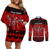 Christmas Couples Matching Off Shoulder Short Dress and Long Sleeve Button Shirt Jolly Skull Merry Creepmas LT7 - Wonder Print Shop