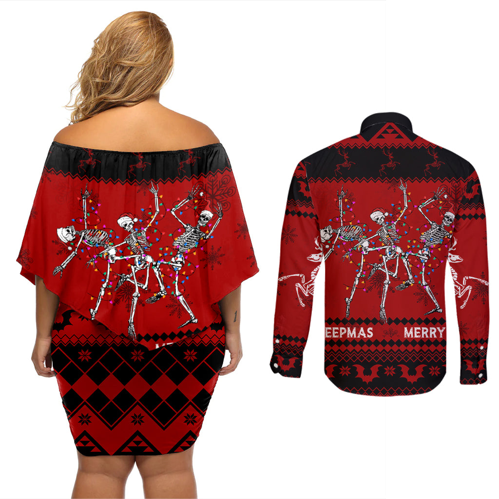 Christmas Couples Matching Off Shoulder Short Dress and Long Sleeve Button Shirt Jolly Skull Merry Creepmas LT7 - Wonder Print Shop