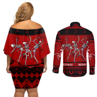 Christmas Couples Matching Off Shoulder Short Dress and Long Sleeve Button Shirt Jolly Skull Merry Creepmas LT7 - Wonder Print Shop