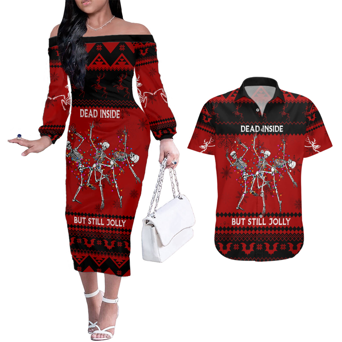 Christmas Couples Matching Off The Shoulder Long Sleeve Dress and Hawaiian Shirt Jolly Skull Merry Creepmas LT7 - Wonder Print Shop