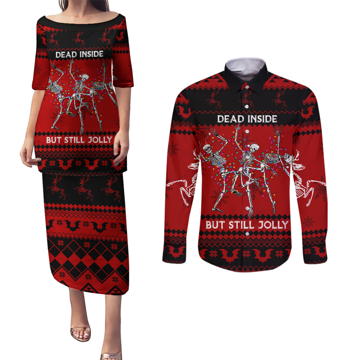 Christmas Couples Matching Puletasi Dress and Long Sleeve Button Shirt Jolly Skull Merry Creepmas LT7 - Wonder Print Shop