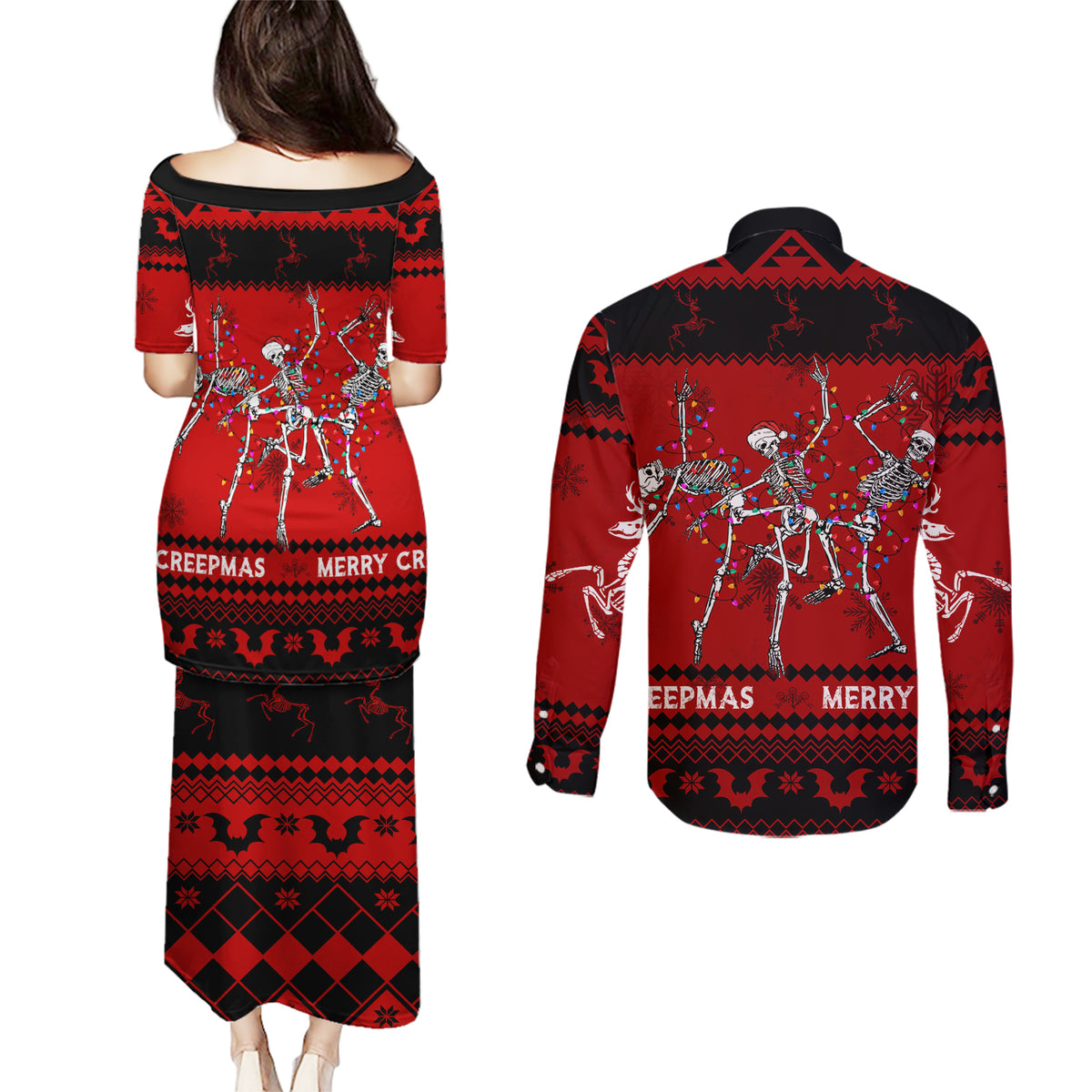 Christmas Couples Matching Puletasi Dress and Long Sleeve Button Shirt Jolly Skull Merry Creepmas LT7 - Wonder Print Shop