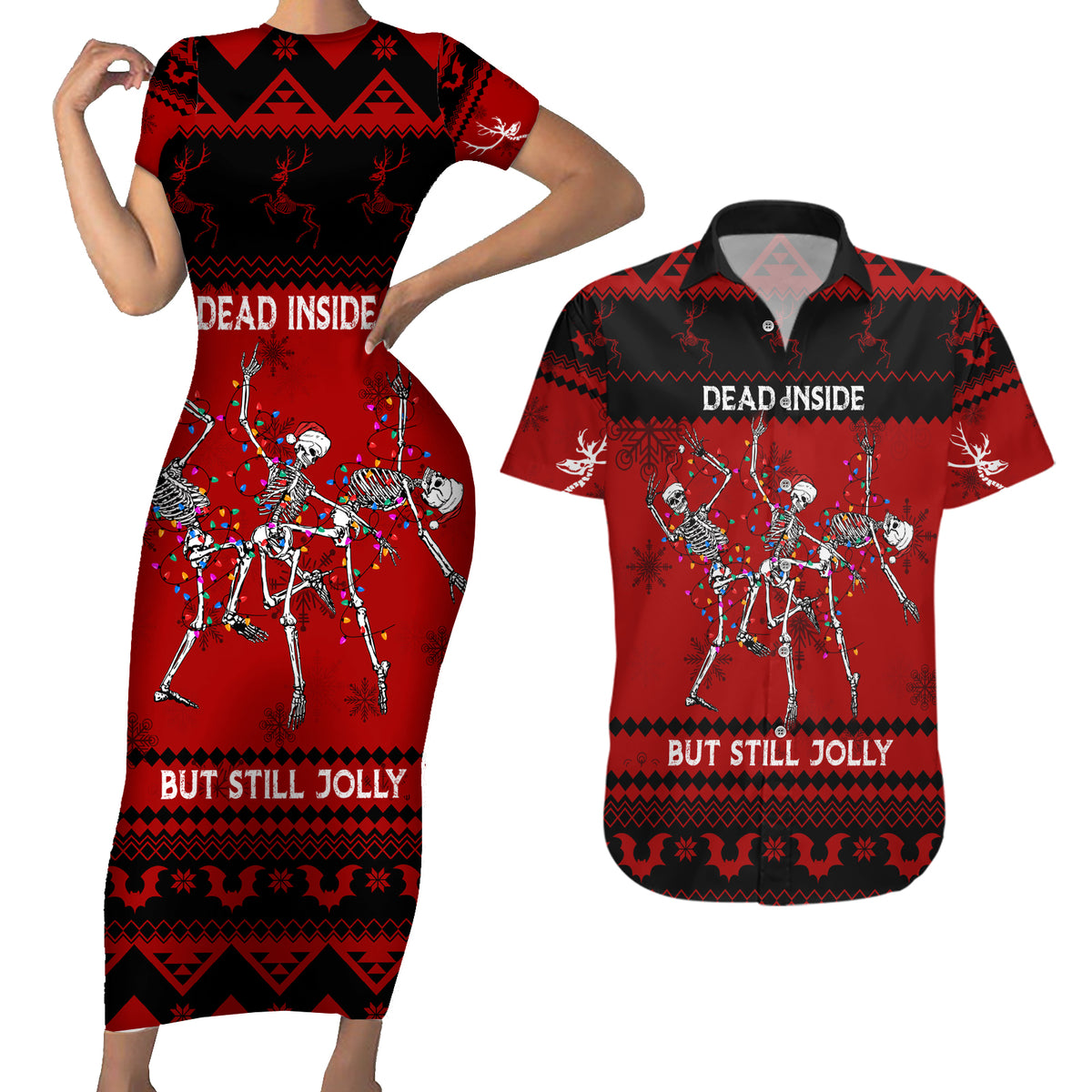 Christmas Couples Matching Short Sleeve Bodycon Dress and Hawaiian Shirt Jolly Skull Merry Creepmas LT7 - Wonder Print Shop
