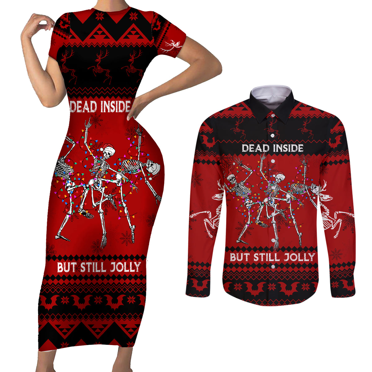 Christmas Couples Matching Short Sleeve Bodycon Dress and Long Sleeve Button Shirt Jolly Skull Merry Creepmas LT7 - Wonder Print Shop