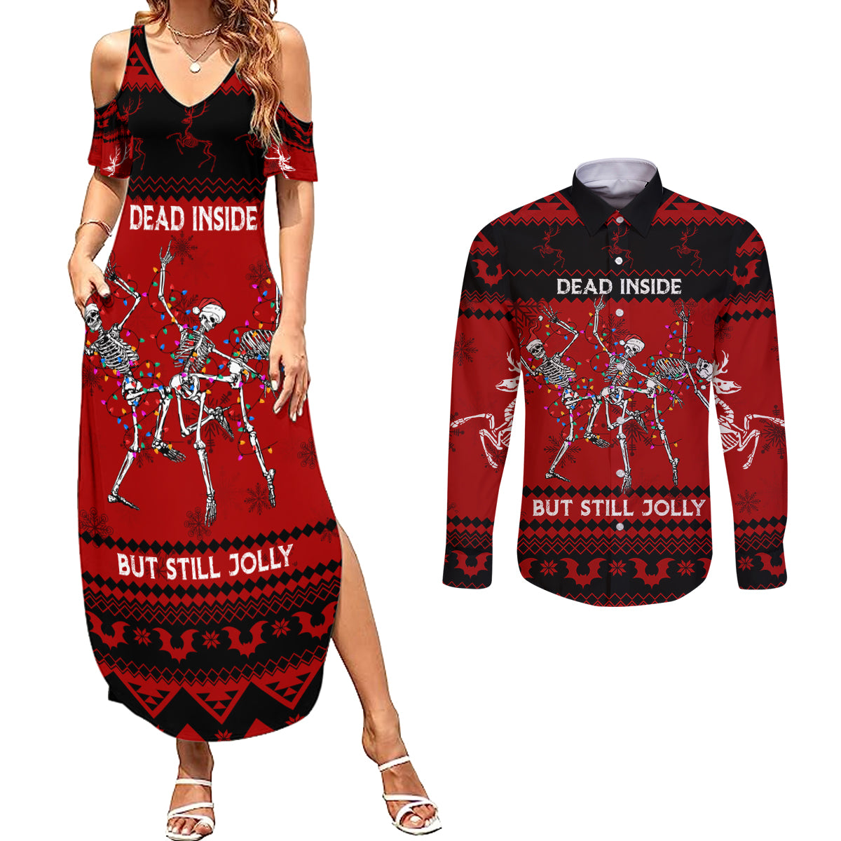 Christmas Couples Matching Summer Maxi Dress and Long Sleeve Button Shirt Jolly Skull Merry Creepmas LT7 - Wonder Print Shop