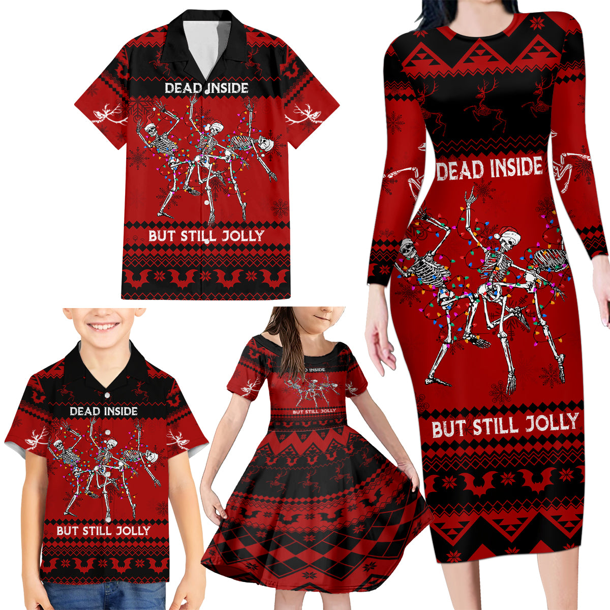 Christmas Family Matching Long Sleeve Bodycon Dress and Hawaiian Shirt Jolly Skull Merry Creepmas LT7 - Wonder Print Shop