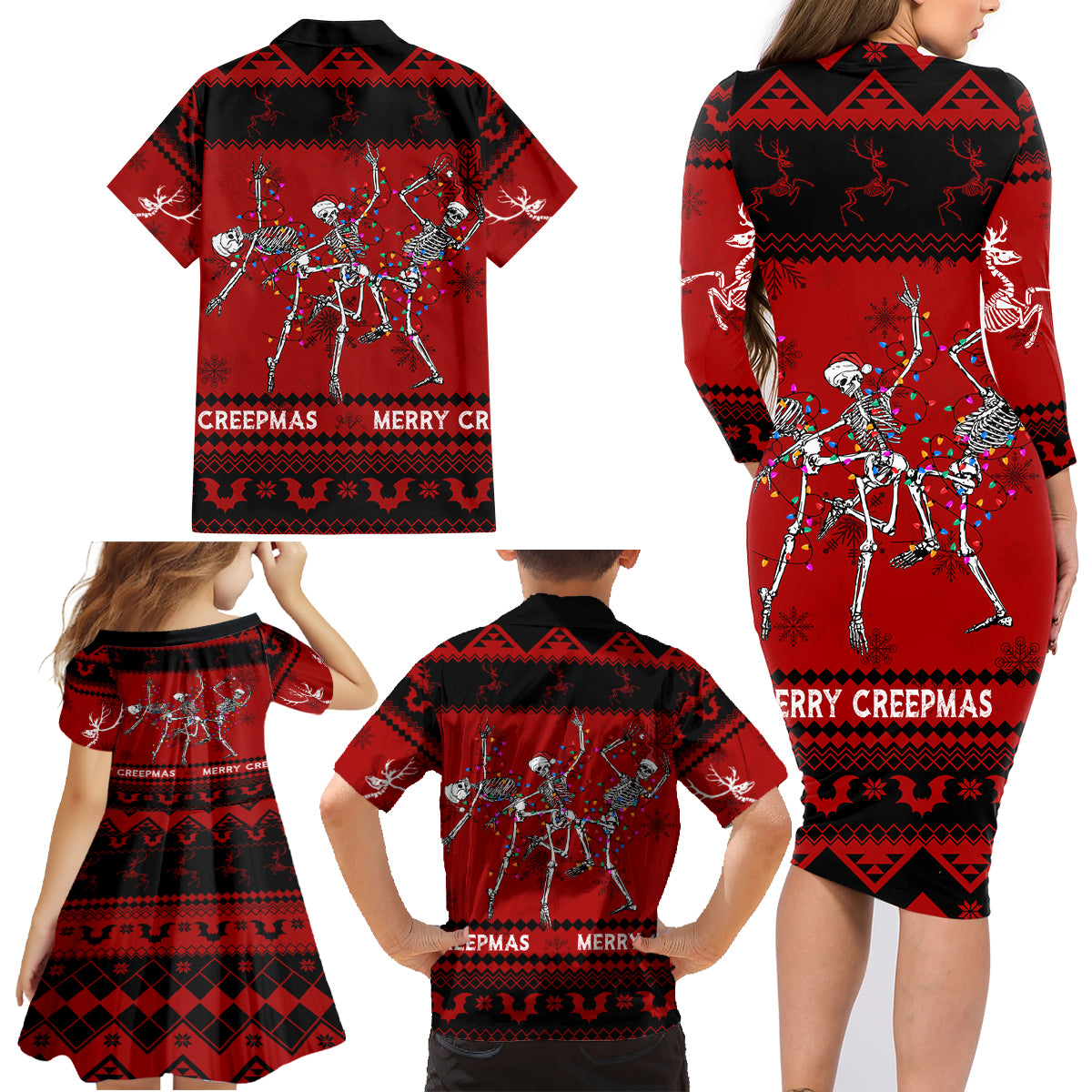 Christmas Family Matching Long Sleeve Bodycon Dress and Hawaiian Shirt Jolly Skull Merry Creepmas LT7 - Wonder Print Shop
