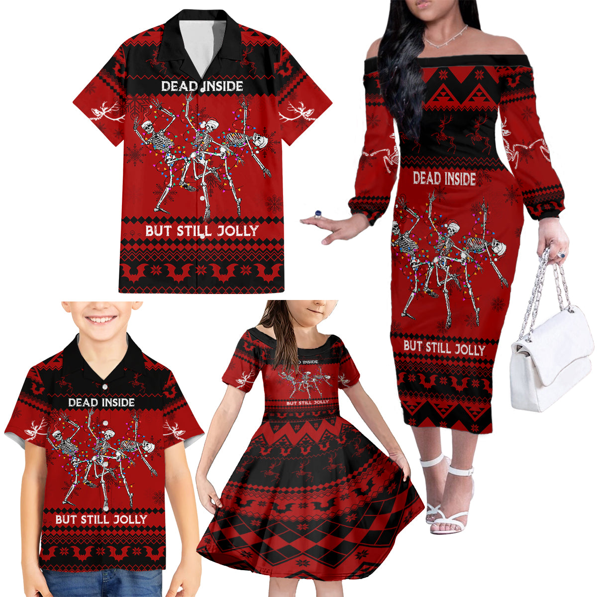 Christmas Family Matching Off Shoulder Long Sleeve Dress and Hawaiian Shirt Jolly Skull Merry Creepmas - Wonder Print Shop