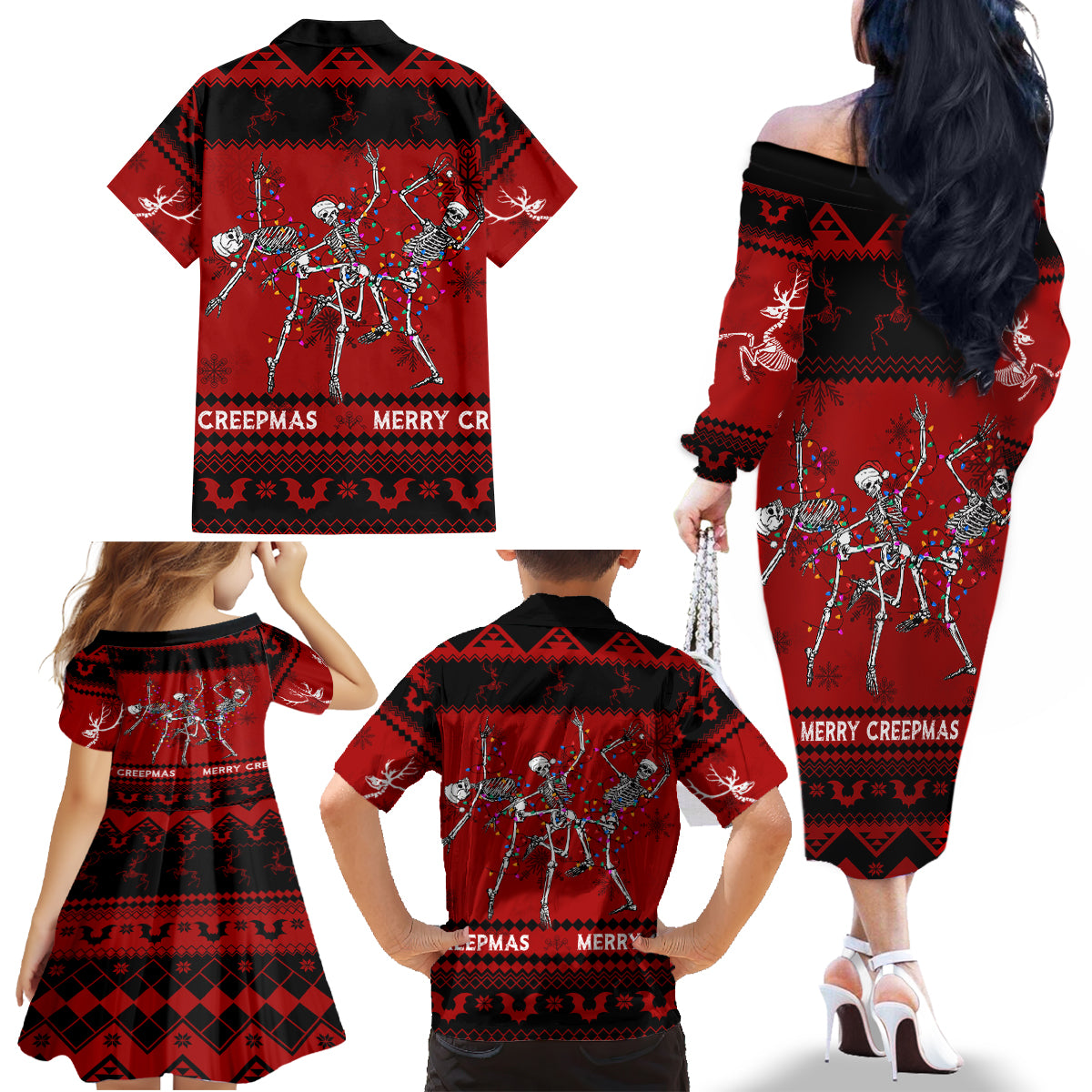 Christmas Family Matching Off Shoulder Long Sleeve Dress and Hawaiian Shirt Jolly Skull Merry Creepmas - Wonder Print Shop
