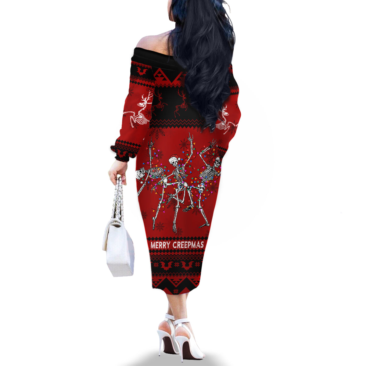 Christmas Family Matching Off Shoulder Long Sleeve Dress and Hawaiian Shirt Jolly Skull Merry Creepmas - Wonder Print Shop