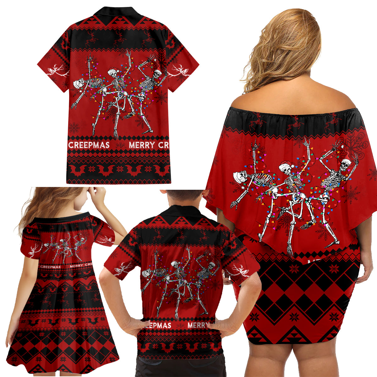 Christmas Family Matching Off Shoulder Short Dress and Hawaiian Shirt Jolly Skull Merry Creepmas LT7 - Wonder Print Shop