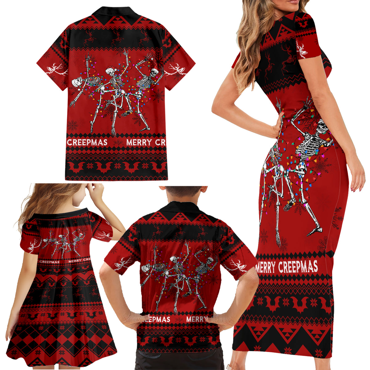 Christmas Family Matching Short Sleeve Bodycon Dress and Hawaiian Shirt Jolly Skull Merry Creepmas - Wonder Print Shop