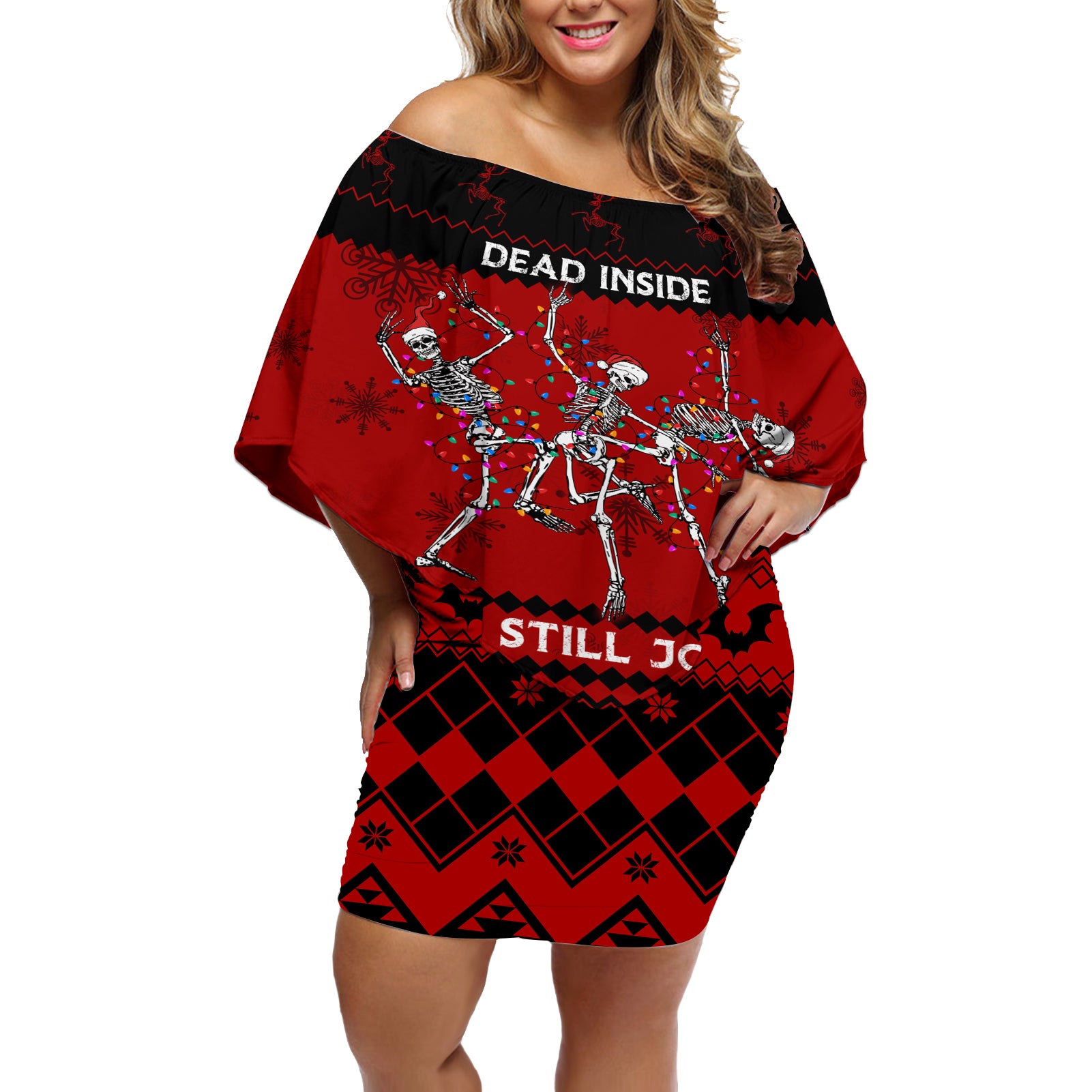 Christmas Off Shoulder Short Dress Jolly Skull Merry Creepmas - Wonder Print Shop