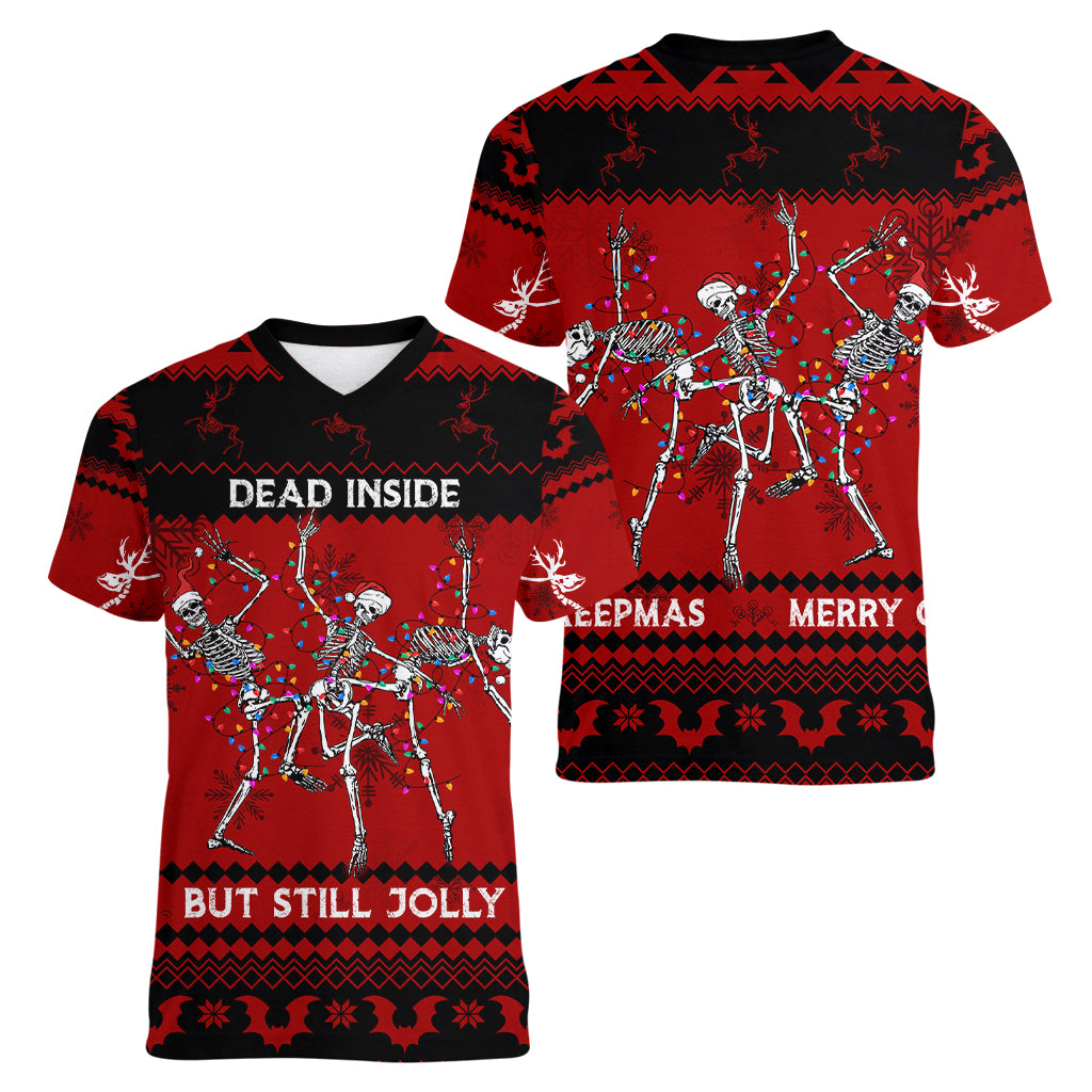 Christmas Women V Neck T Shirt Jolly Skull Merry Creepmas - Wonder Print Shop