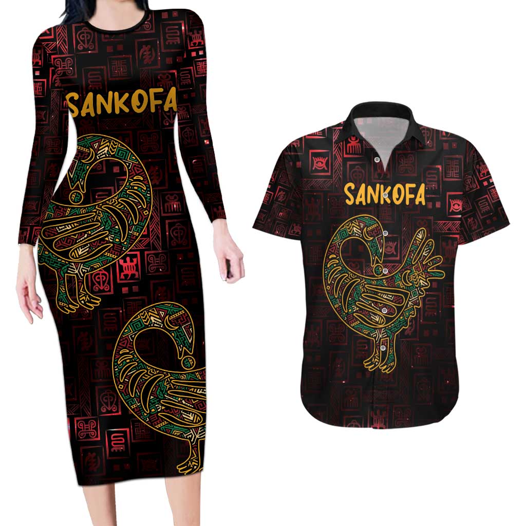 Africa Adinkra Symbol Couples Matching Long Sleeve Bodycon Dress and Hawaiian Shirt Sankofa Bird - Cosmic Red LT7 - Wonder Print Shop