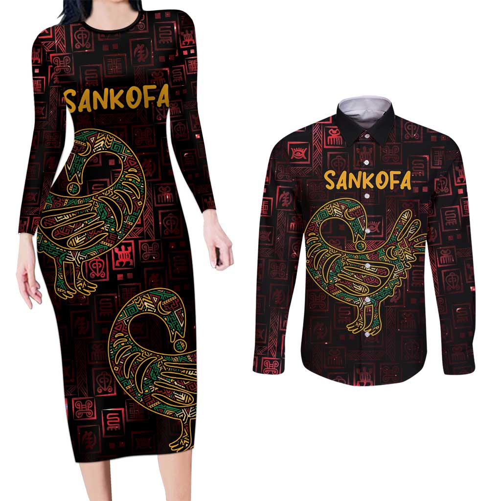 Africa Adinkra Symbol Couples Matching Long Sleeve Bodycon Dress and Long Sleeve Button Shirt Sankofa Bird - Cosmic Red LT7 - Wonder Print Shop
