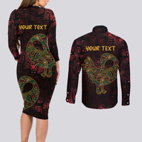 Africa Adinkra Symbol Couples Matching Long Sleeve Bodycon Dress and Long Sleeve Button Shirt Sankofa Bird - Cosmic Red LT7 - Wonder Print Shop