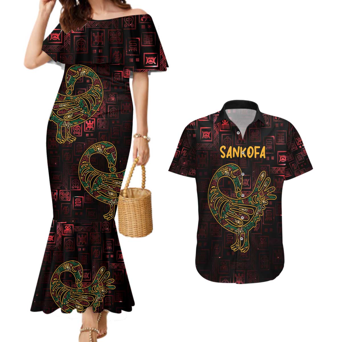 Africa Adinkra Symbol Couples Matching Mermaid Dress and Hawaiian Shirt Sankofa Bird - Cosmic Red LT7 - Wonder Print Shop