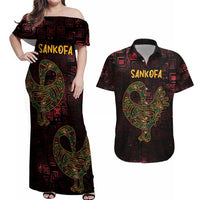 Africa Adinkra Symbol Couples Matching Off Shoulder Maxi Dress and Hawaiian Shirt Sankofa Bird - Cosmic Red LT7 - Wonder Print Shop