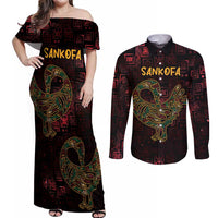 Africa Adinkra Symbol Couples Matching Off Shoulder Maxi Dress and Long Sleeve Button Shirt Sankofa Bird - Cosmic Red LT7 - Wonder Print Shop